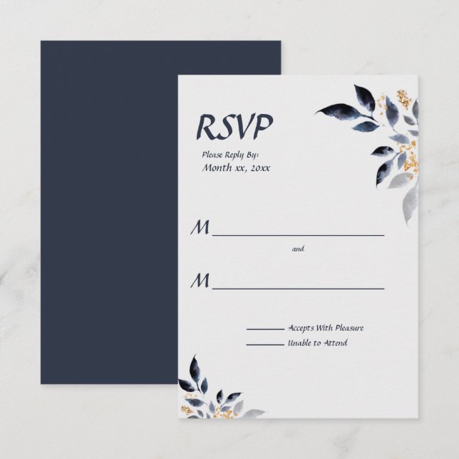Blue Leaves with Gold Wedding RSVP  Card (Front/Back)
