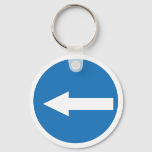 Blue Left Arrow Road Sign Metal Circle Keychain