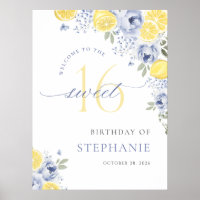 Blue Lemon Floral Sweet Sixteen Birthday Sign
