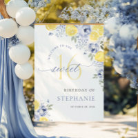 Blue Lemon Floral Sweet Sixteen Birthday Sign