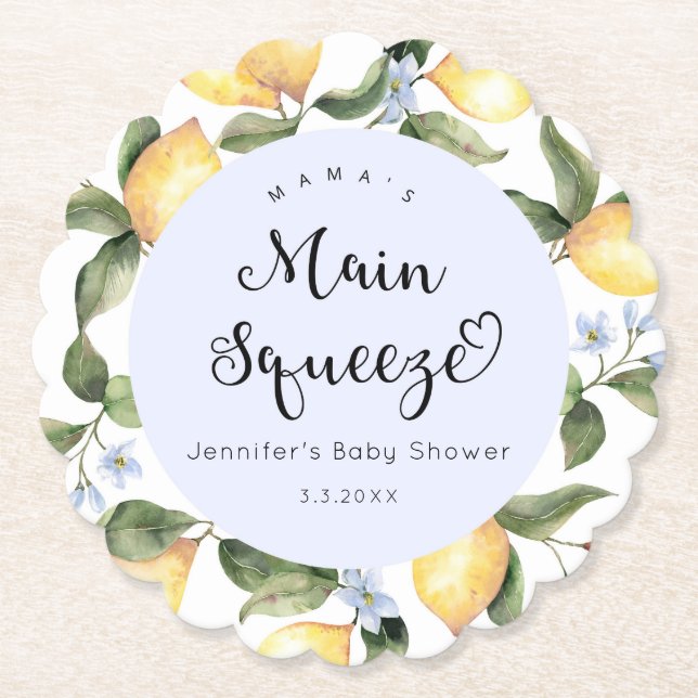 Blue lemon mamas main squeeze baby shower paper coaster (Front)
