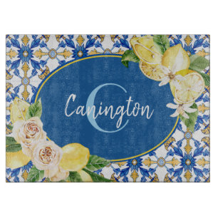 Blue Lemon Mediterranean Monogram Name  Cutting Board