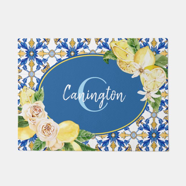 Blue Lemon Mediterranean Monogram Name New Home Do Doormat (Front)