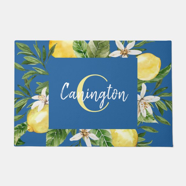 Blue & Lemon Mediterranean Monogram Name New Home Doormat (Front)
