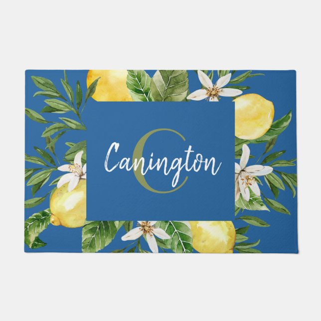 Blue & Lemon Mediterranean Monogram Name Welcome Doormat (Front)