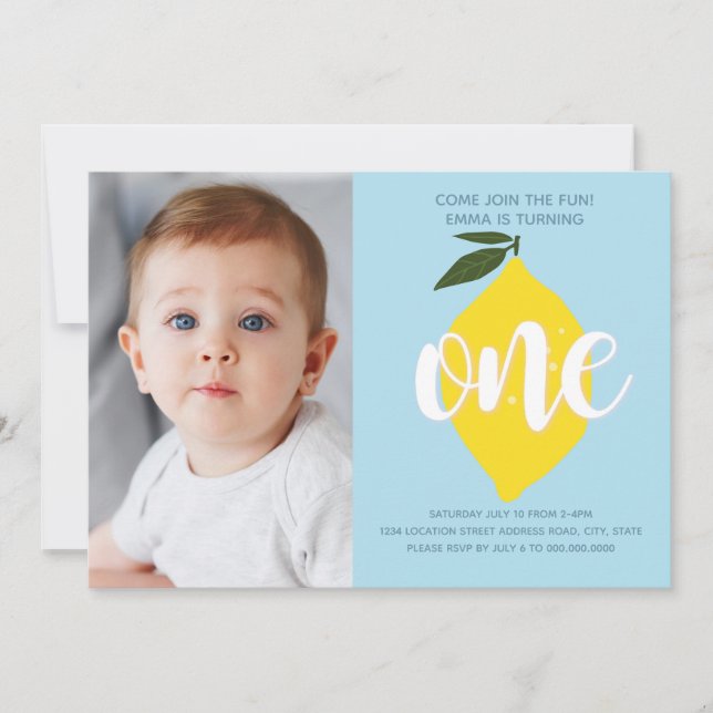 Blue Lemon Photo First Birthday Invitation  (Front)
