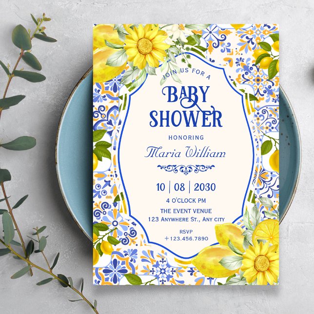 Blue lemon tile pattern art baby shower invitation (Creator Uploaded)