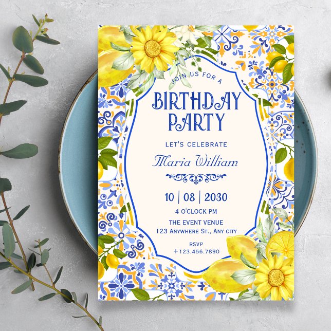 Blue lemon tile pattern art birthday invitation (Creator Uploaded)