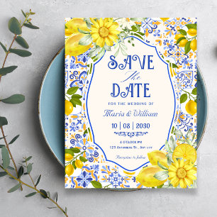 Blue lemon tile pattern art wedding save the date
