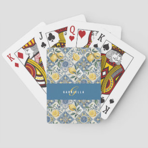 Blue Lemon Watercolor Monogram Name Playing Cards