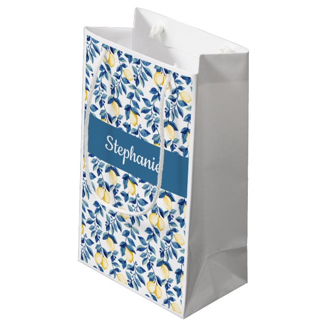 Blue Lemon Watercolor Monogram Small Gift Bag (Back Angled)