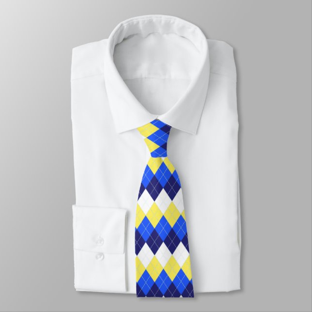 Blue, Lemon Yellow and White Argyle Tie (Tied)