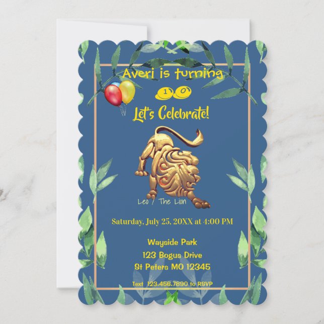 Blue Leo (July 23 – Aug 22) birthday Invitation (Front)