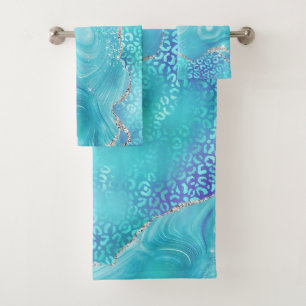 Blue Leopard Agate Gold Glitter Design Bath Towel Set
