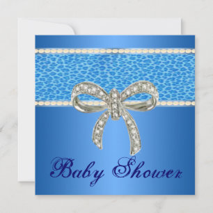 Blue Leopard Diamond Bow Baby Shower Invitation