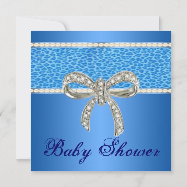 Blue Leopard Diamond Bow Baby Shower Invitation (Front)