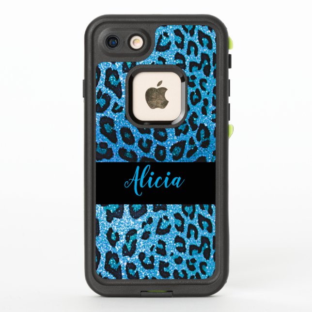 Blue Leopard Faux Glitter Personalised Name LifeProof iPhone Case (Back)