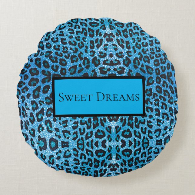 Blue Leopard Faux Sparkle Sweet Dreams Modern Chic Round Cushion (Front)