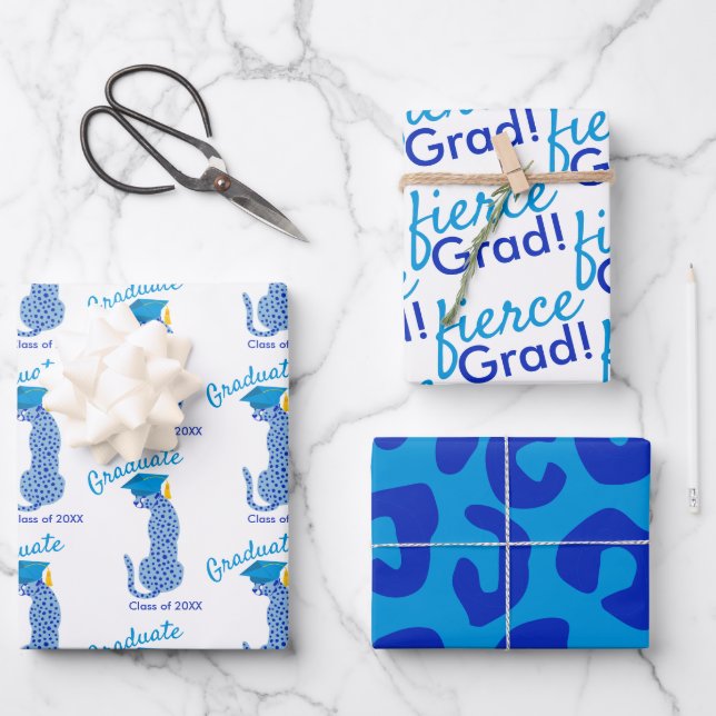 Blue Leopard Print Graduation Wrapping Paper Sheet (Front)