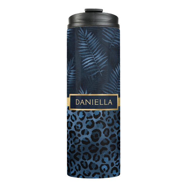 Blue Leopard Print Shimmer Tropical Floral Name Thermal Tumbler (Front)