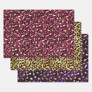 Blue Leopard Print with Gold Tropical Leaves Wrapping Paper Sheet