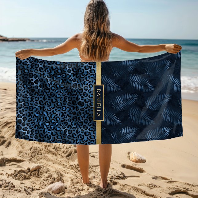 Blue Leopard Tropical Floral Custom Name Beach Towel (Creator Uploaded)