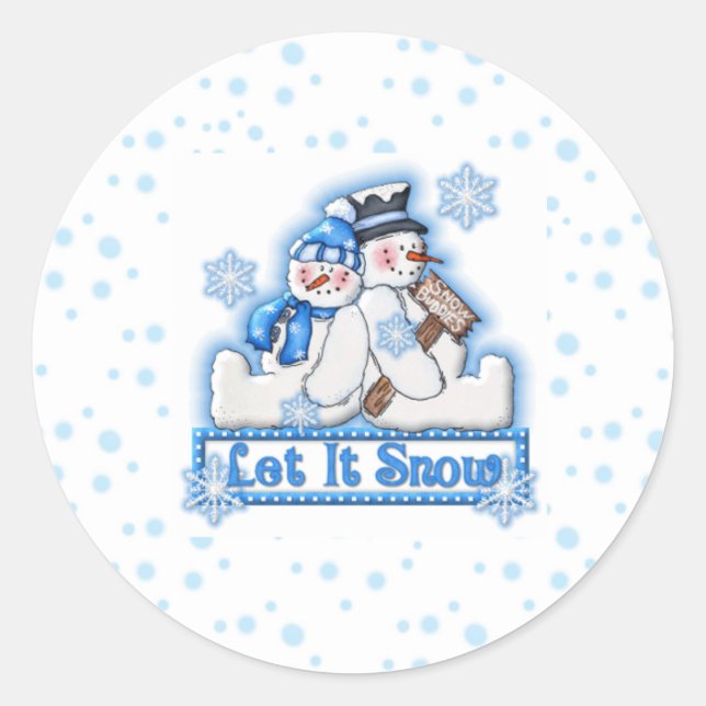 Blue Let It Snow Snowman Couple Christmas Holiday Classic Round Sticker (Front)