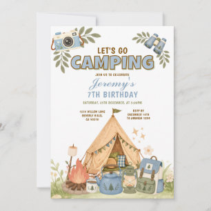 Blue Let's Go Camping Birthday Outdoor Adventure Invitation
