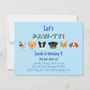 Blue Let's Pawty Puppy Boy Birthday Party Invitation