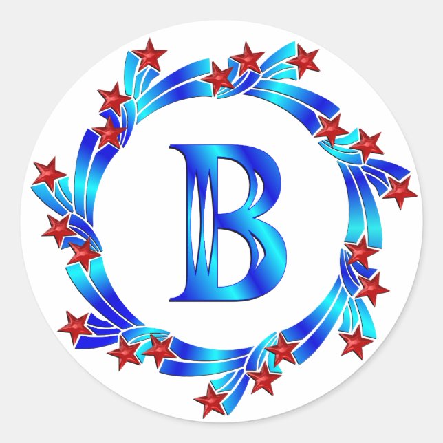 Blue Letter B Monogram Red Stars Classic Round Sticker (Front)