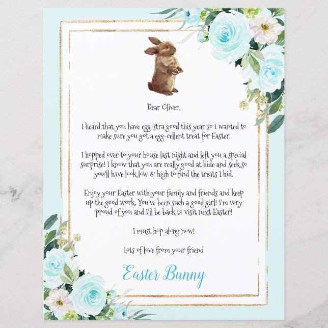 Blue Letter From Easter Bunny To Child (Front)