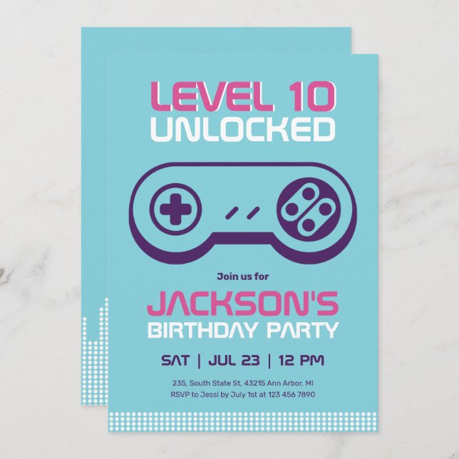 Blue Level Unlocked Gamer Boy Birthday Invitation (Front/Back)