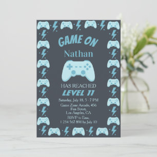 Blue Level Up Video Game Party 11th Boy Birthday Invitation