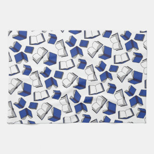 Blue Library Book Pattern Librarian Tea Towel