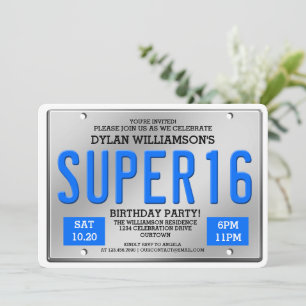 Blue License Plate Super 16 Party Invitations