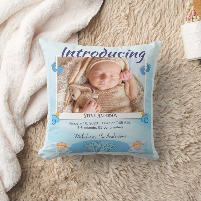 Blue Light Birth Announcement Personalise Cushion (Blanket)