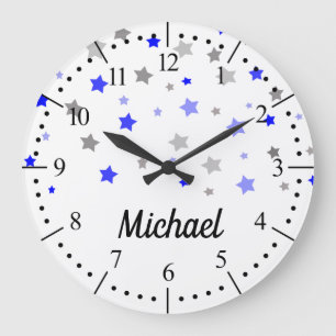 Blue, light blue and grey stars pattern large clock