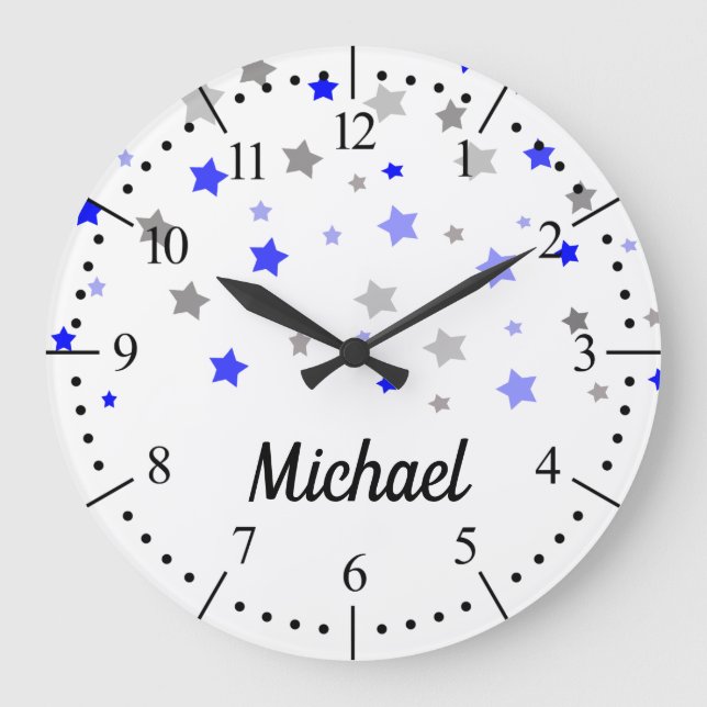 Blue, light blue and grey stars pattern large clock (Front)