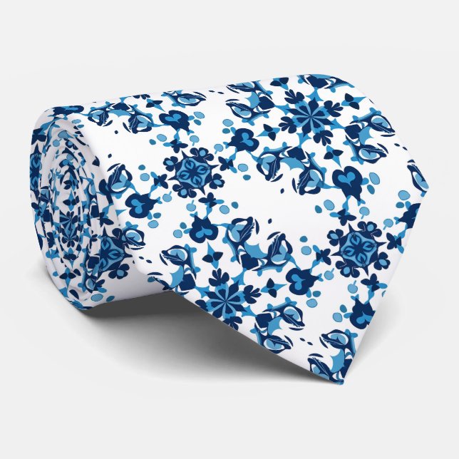 Blue, Light Blue & White Petal Large Pattern Tie (Rolled)