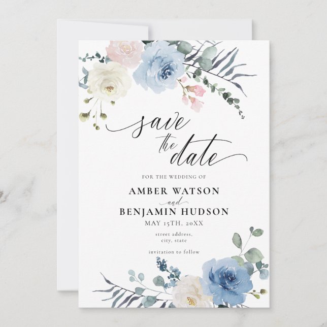 Blue Light  Blush Pink Beach Floral Save The Date Invitation (Front)