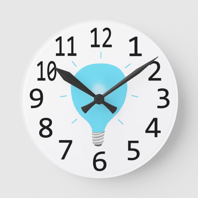 Blue Light Bulb Wall Clocks, large black numbers Round Clock (Front)