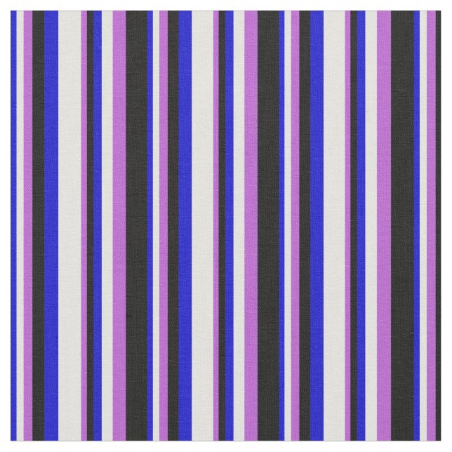 Blue, Light Cyan, Orchid & Black Stripes Fabric (Close Up)