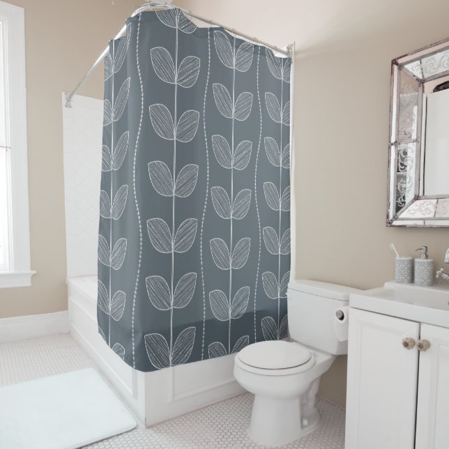 Blue & Light Grey Stylised Flowers Pattern Shower Curtain (In Situ)