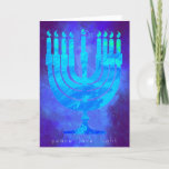 Blue Light Hanukkah Holiday Card with Menorah<br><div class="desc">Beautiful blues seem to glow on this Happy Hanukkah holiday card. Below the Menorah are the words: peace love light. The inside greeting reads: With warmest wishes at Hanukkah for peace in your home, in your heart, and throughout the world. Happy Hanukkah! Easily add your name below the pre set...</div>