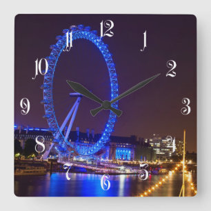 Blue light London eye in the night Square Wall Clock