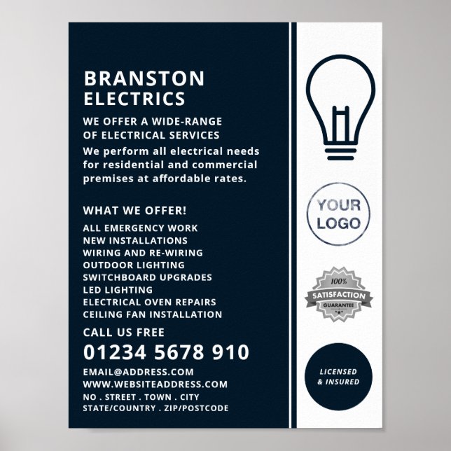 Blue Lightbulb Design, Electrician Advertising Poster (Front)