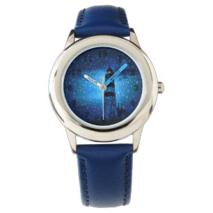 Blue lighthouse by night with raindrops watch