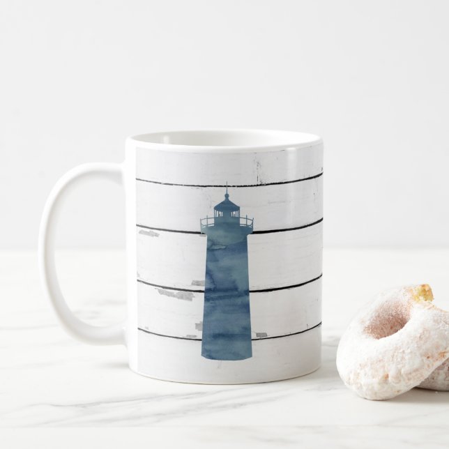 Blue Lighthouse Nautical Shiplap Rustic Coffee Mug (With Donut)