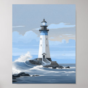 Blue lighthouse on the ocean poster