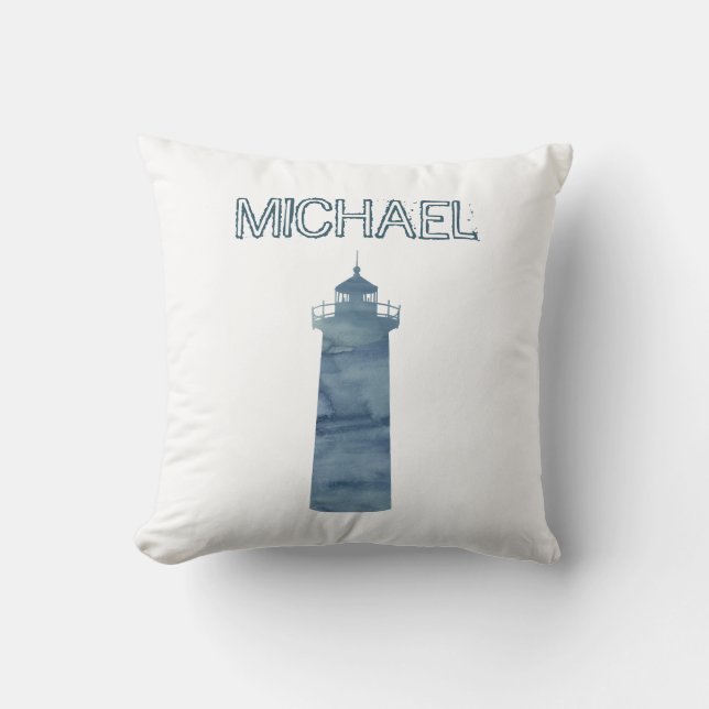 Blue Lighthouse Painting Custom Name Throw Pillow (Front)